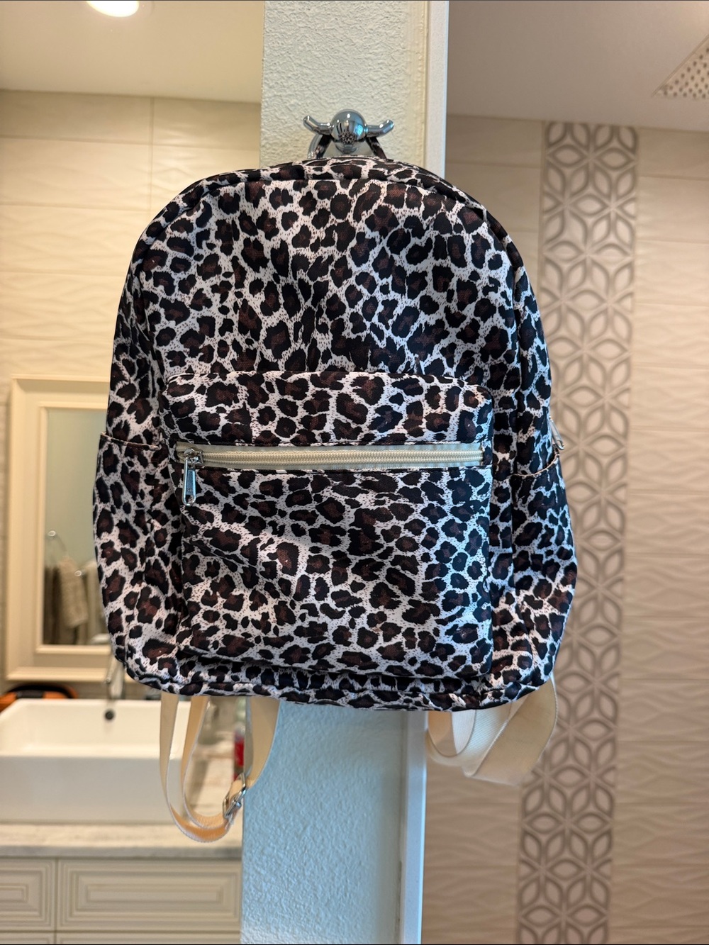 Leopard Print Mini Backpack - Black and Cream